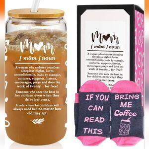 MOM Definition 20oz glass coffee cup bamboo lid with coffee theme socks NEW